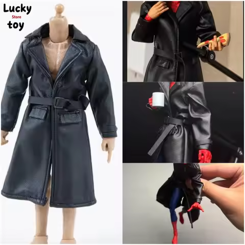 1/12 Scale Male Soldier Black Trend Mid-length Leather Trench Coat Clothes for 12'' Action Figures A
