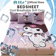 Alls' Wonderland Sanrio ผ้าปูที่นอนสุดเท่,ผ้าปูเตียง Kuromi Cinnamoroll Hello Kitty Cold Fittedsheet นุ่มพิเศษผ้าปูที่นอนพร้อมยางระบายอากาศไซส์ควีนไซส์ผ้าปูที่นอน 3 ฟุต 3.5 ฟุต 5 ฟุต 6 ฟุต