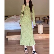 綠色印花長袖連身裙 顯瘦修身 氣質長裙 夏季新款- 綠色 S