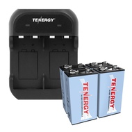 Tenergy 9V Battery Rechargeable 250mAh 4 Pack NiMH Square Battery with 2 Bay 9V Battery Charger for