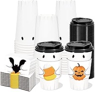 Whaline 60 Set Halloween Disposable Coffee Cups with Lids and Bat Candy Cone Pumpkin Sleeves 16 Oz G