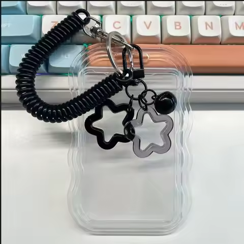 Photocard Holder Keychain 8.5cm×11cm, Cute Photo Card Holder with Star Bell Pendant Spring Rope Tran