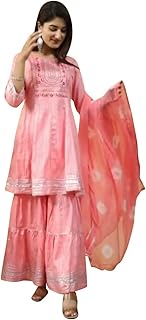 Women's Rayon Gota Patti Work Party Wear 3/4 Sleeve Kurti Palazzo Set With Dupatta -(GAMS28 XXL)