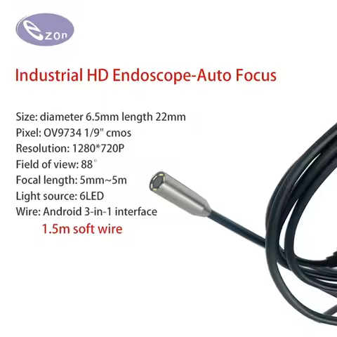 1MP USB Auto Focus Endoscope Diameter 6.5mm FOV88゜ IP67 Waterproof 1.5m 3 in 1 Soft Cable Industrial