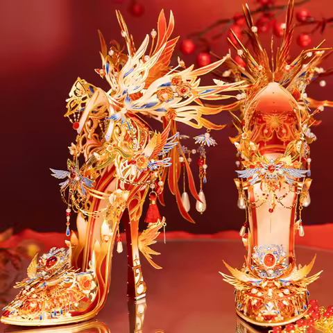 DIY 3D Metal Puzzle Red Crystal Shoes High Heel Miniature Model Kits Assembly Jigsaw for Friends Bir