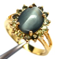 แหวนพลอยแท้ อะพาไทต์ ตาแมว 9 x 11 mm. ล้อม เขียวส่อง เงินแท้ 925 ชุบทอง18k ไซร์แหวน 7.75