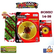 ชุด โซ่ สเตอร์ ทอง ( 14-38-120 โซ่สีเขียว ) ยี่ห้อ OSAKI เบอร์ 420 มอเตอร์ไซค์ SONIC / DASH โซนิก แ