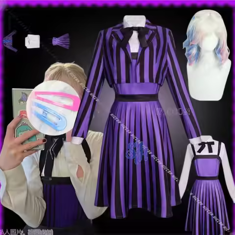 Movie Nevedrmorerr School Cosplay Enid Sinclair Uniform Women Girl Costume Purple Striped Dress Loli