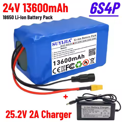 New 6s4p 24V 13.6Ah 18650Battery Lithium Battery 25.2v 13600mAh Moped High Power Battery 500W, BMS L