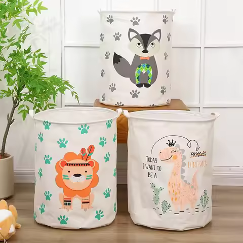Animal Laundry Toys Organizer Basket Large Cartoon Canvas Barrel Basket Clothes Organizer Kids Toys 