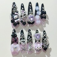 Black Purple Kuromi Jirai Handmade Press On Nails Sweet Edgy Bow Heart Rose Planet Diamond Fake Nail