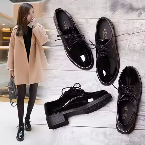 glitter/matte black leather shoes Korean student trendy cross-tied japanned leather oxfords shoes wo
