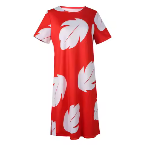 Lilo Costume Women Leaves Red Dress Short Sleeve Pajamas Hawaiian Leaf Printed Dress Summer Beach Ou