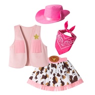 Girls Pink Western Cowgirl Costume 4Pcs Vest Skirt Set Festival Party Role Play Performance Wear