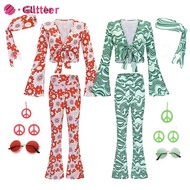 60s 70s Retro Outfit For Woman Top Pants Headband Disco Halloween Purim Party Costume Set