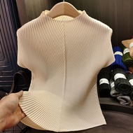 Genuine Issey Miyake Collar Solid Color Dragon Scale Pleated Short Sleeve T-shirt High-end Sense Jok