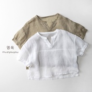 Thin Like Cicada Wings Korean Version Children Pure Ramie Solid Color Short-Sleeved Shirt Men Women 