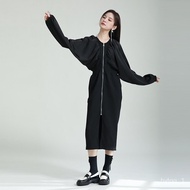 🚓2023Designer Model Black Dress Zipper Slit Overknee Long Dress Stitching Thin Dress Sweet and Spicy Style