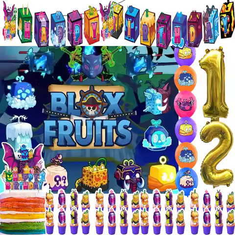 Cartoon Fruits Game Theme Kids Birthday Party Supplies Decor Balloon Cake Toppers Banner Blox Fruits