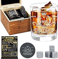 YeohJoy 90th Birthday Gifts for Men,Vintage 1935 Whiskey Glass Set,Wood Box & Whiskey Stones & 1935