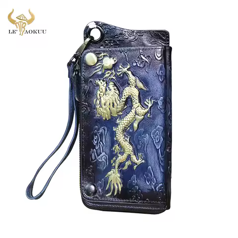 New Luxury Fashion Unisex Quality Leather Design Animal Emboss Checkbook Chain Zipper Organizer Wall