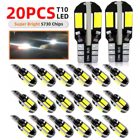 20PCS/PACK T10 5730 8SMD Canbus LED Bulbs W5W 192 194 168 501 2980CW 12V Super Bright White Car Inte