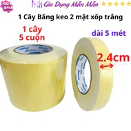 SKU124 - 1 Cuộn băng keo 2 mặt xốp trắng rộng 2.4cm dài 5 mét lõi giấy 3mm - Gia Dụng Mẫn Mẫn