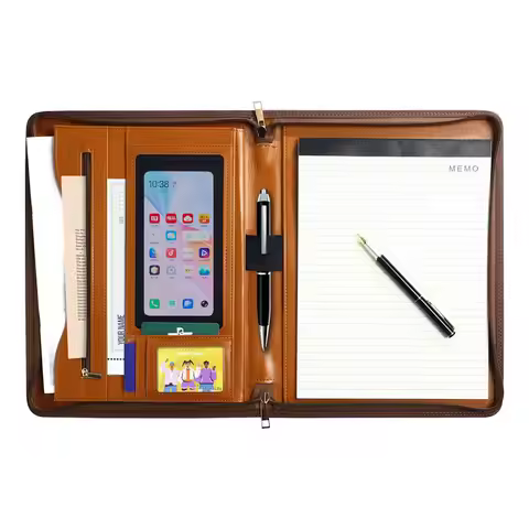 Business PU Leather Folder - Phone - Friendly Design, Zippered, Organizes Documents/Pen/Phone, Perfe