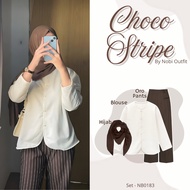 3 In 1 One Set TrendyWanita Nobi Outfit Blouse Abelia Oversize Korean Style Stripe Pants (Hijab + Bl