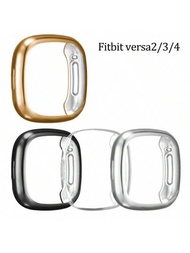 4入組TPU全包覆柔軟手錶殼，帶電鍍實色，適用於Fitbit Versa2/3/4智能手錶