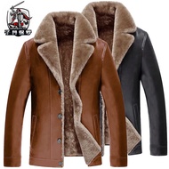 ✲✳℗[Haining kaunter asli] musim sejuk ditambah jaket lelaki tebal baldu jaket kulit lelaki lelaki pertengahan umur jaket