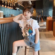 Pure Cotton Short-Sleeved t-shirt Girls Summer 2021 New Style Korean Version Cartoon Cute Medium Large Children's Clothing Lace Tops Women kids t-shirt