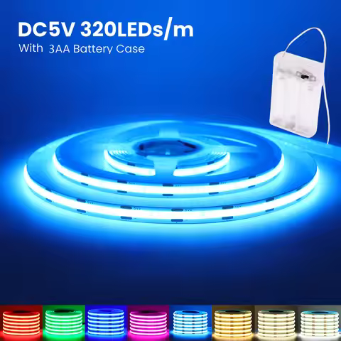 3mm 5mm PCB Battery Power COB LED Strip Light 5V Warm Natural White Blue Red Green Pink Tape 320LEDs