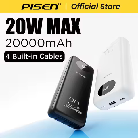 PISEN 20000mAh 20W Fast Charging Powerbank With 4 Built-in Cables For iPhone Samsung Xiaomi