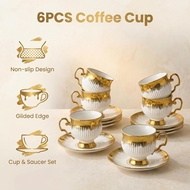 6Pcs Ceramic Espresso Coffee Cups Set （110ml） Gold-Plated Cup & Saucers Perfect to Coffee Lovers