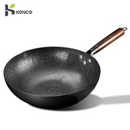 Konco handmade Iron wok with wooden handle Gas induction cookware non-stick cookware Chinese Traditional Frying Pan 32cm Cooking Pot Flat  Pan with lid