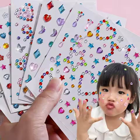 1Sheet 5D Mixed Shell Aurora Rhinestone Girl Face Stickers Hollow Star/Moon/Heart Self-Adhesive Cute