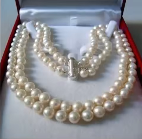 Charming 2 Rows 7-8 8-9MM white akoya saltwater shell pearl necklace Beads Jewelry Natural Stone 17-