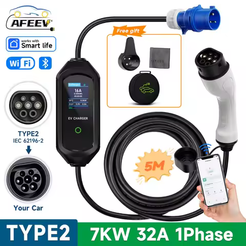 AFEEV 7KW Type2 IEC 62196-2 Portable EV Charger 32A Type1 SAE J1772 Wallbox GB/T Fast Charging Cable
