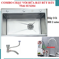 Chậu rửa bát 1 hố sus304 7546 Valenza dày 3li kèm vòi rửa bát rút dây nóng lạnh 01, bộ xả, khay inox