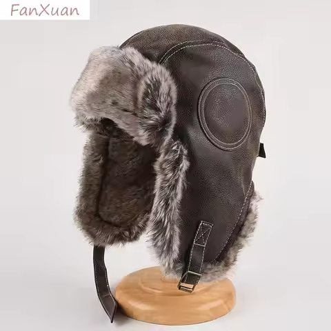 Winter Ushanka Hat Men Women's Pilot Aviator Bomber Trapper Hat Faux Fur Leather Ski Cap with Ear Fl