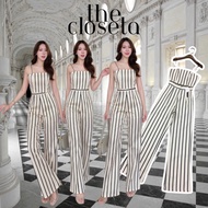 THE CLOSETA : LV347 Cream Striped Crop Top + Long Pants Set