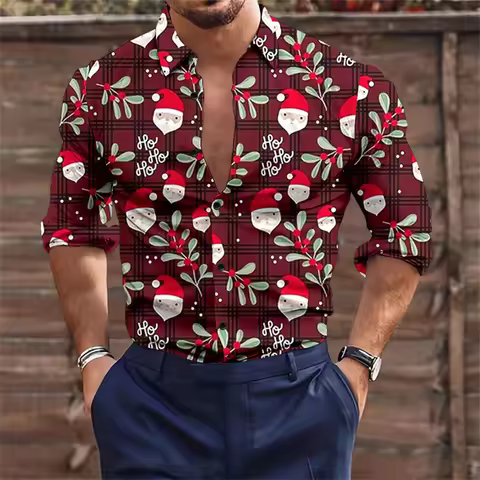 Hot Selling 2024 Christmas Themed 3D Printed men's Shirt Street Fashion Striped Grid 3D Printed Shir