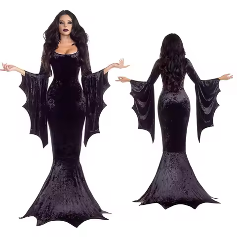 Witchy Dress Costume Halloween Morticia Adams Primate Black Adams Family Dress Retro Gothic Flared S