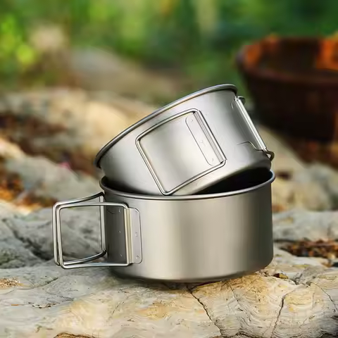 Camping Titanium Cooking Pot Bowl Cup Multi Use Ultralight Folding Handle 450ml 600ml