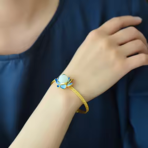 Vintage Hetian Jade Cloisonné Style Hanfu Women's Bracelet Accessory Enamel Open Bangle