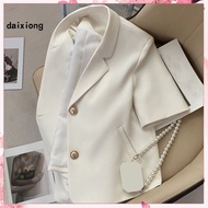  Polyester Suit Jacket Classic Double-breasted Blazer Stylish Women's Short Sleeve Blazer with Pockets Lightweight Office Suit Coat for Work Breathable Lapel Neck Jacket