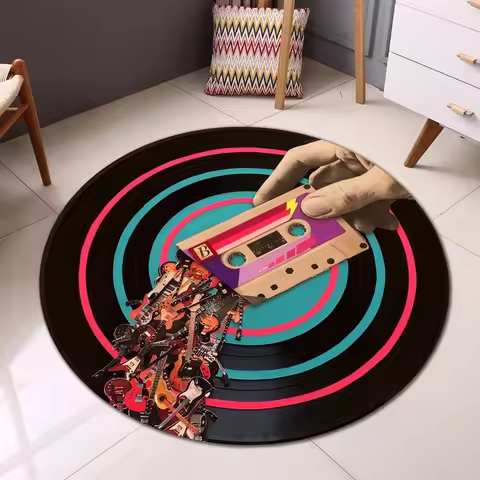 Colorful Record Circular Carpet Retro Music Carpet Shiny CD Film Floor Mat 90s Nostalgic Style Fashi