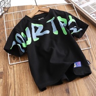 ชายเสื้อ 7_8 เสื้อเด็กโต12ปี ชายเสื้อยืดแขนสั้นนักเรียนมัธยมเด็กวัยกลางคนผ้าฝ้ายพิมพ์ตัวอักษรเสื้อผู