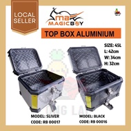 MAGIC BOY TOP BOX ALUMINIUM BIG 45L BLACK SLIVER BIG BIKER MOTORCYCLE BOX SOLID METAL BUCKLE READY STOCK